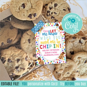 Editable Volunteer PTA PTO Room Mom Printable Tag| Chip In Tags | Pop By Marketing | Cookie Tags | Parent Volunteer Corjl PG999