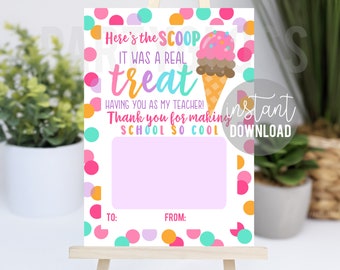 Eindejaarsleraar afdrukbare cadeaukaarthouder, ijscadeaukaarthouder, cadeau-ideeën voor leraren Laatste schooldag zomervakantie