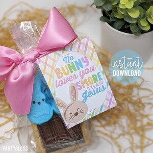 Etiquetas Imprimibles de Pascua Ningún Conejito Te Ama Más Que S'more Que Jesús Smore Escuela Cristiana Niños Grupo Juvenil Escuela Dominical Escuela Bíblica