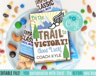 Editable Track And Field Trail Mix Printable Gift Tags, On The Trail To Victory Good Luck Team Meet Tournament Practice Jamboree Snacks Tag