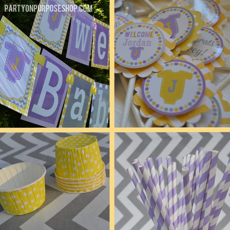 Baby Shower Party Decorations Purple Yellow Gray Fully Etsy
