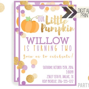 Pumpkin Invitation Digital or Printed Pumpkin Party Glitter Pumpkin Invite Girl Pumpkin Gold Glitter Invitation Little Pumpkin image 1