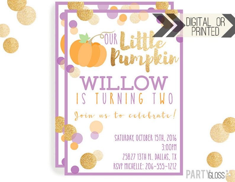 Pumpkin Invitation Digital or Printed Pumpkin Party Glitter Pumpkin Invite Girl Pumpkin Gold Glitter Invitation Little Pumpkin image 1