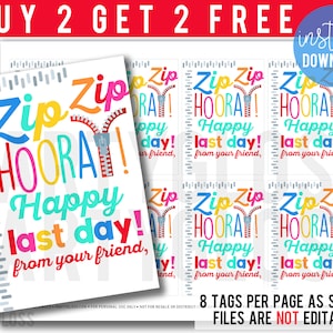 Zip Bracelet End Of The Year Printable Tags, Non Food, Zip Zip Hooray Happy Last Day Summer Friend Class Team Teammate Classmate Red Funny