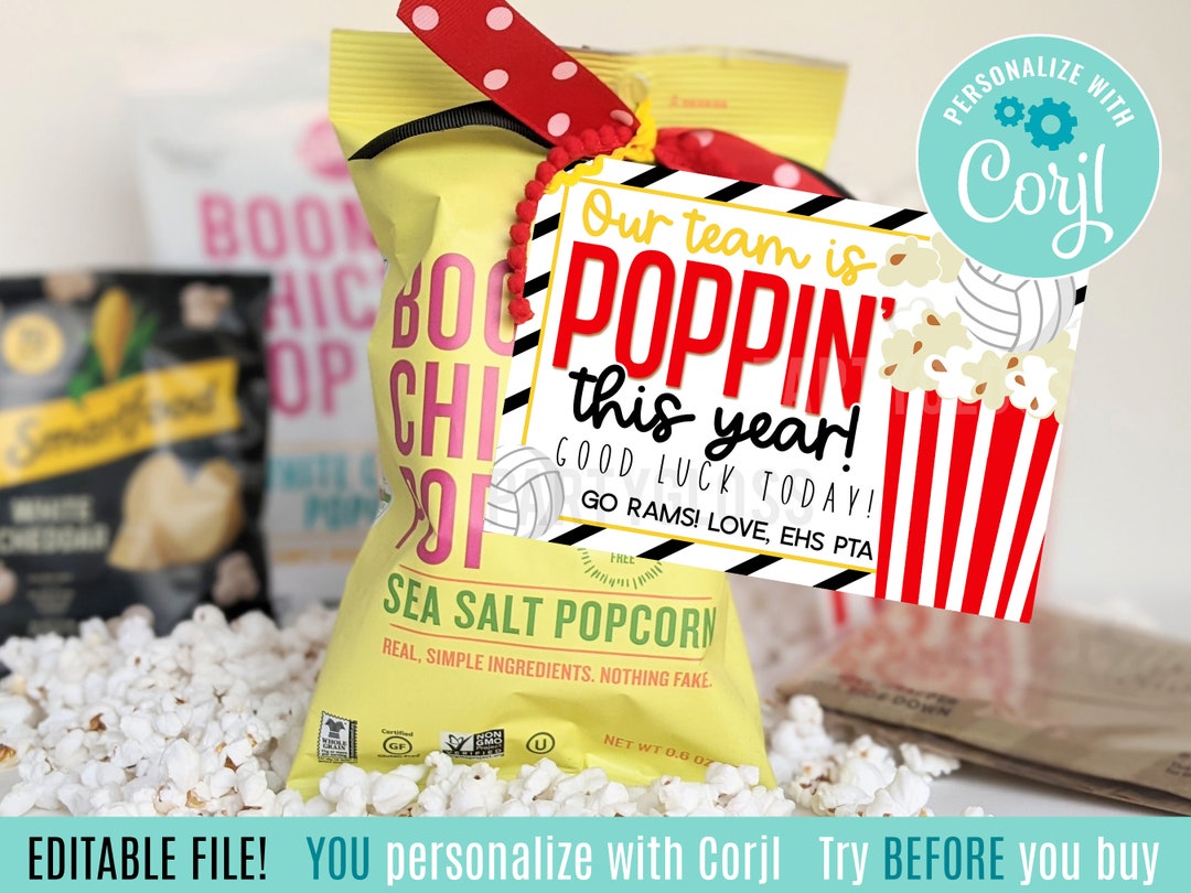 Editable Volleyball Popcorn Printable Gift Tags, Good Luck Today Our Team is Poppin' Snacks