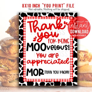 Apreciación del maestro imprimible 8x10 signo, personal de los empleados facultad PTO PTA, salón de almuerzo, sándwich de pollo, impresión de vaca Moovelous