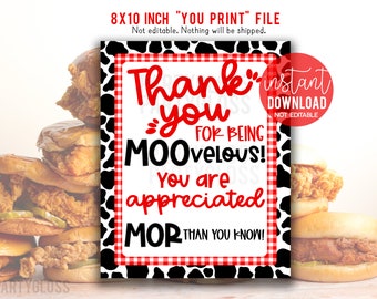 Teacher Appreciation Printable 8x10 Sign, Employee Staff Faculty PTO PTA, Lunch Room Lounge, Chick Chicken Sandwich, Moovelous cow print