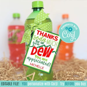 Bearbeitbare Tau-Anerkennung druckbare Geschenkanhänger Vielen Dank an Soda für alles, was Sie tun, Sie sind geschätzt Büroangestellter Mitarbeiter Team Volunteer