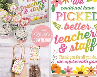 Teacher Appreciation Printable Flower Set, Floral Theme Teachers Week Gift Ideas Thank You Tag PTO PTA Lunch Room Picked Break Room