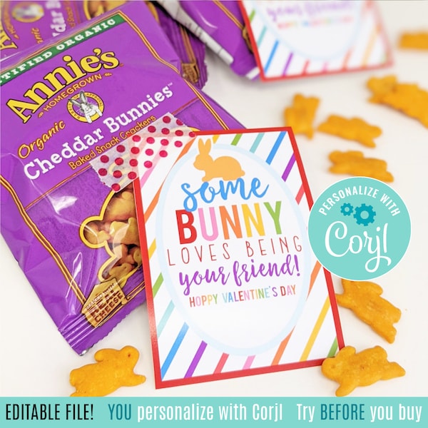 Editable Valentine's Day Cheddar Cracker Bunnies Printable Gift Tags, Valentine Some Bunny Loves You Class Valentines Team Friend Blue Boy