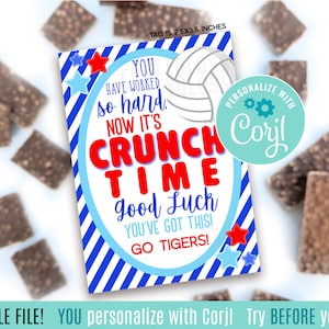Étiquettes-cadeau imprimables modifiables de temps de crise de volley-ball de bonne chance, éliminatoires de tournoi de championnat d'état d'intérieur de plage d'équipe de chocolat