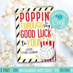 Editable Volleyball Popcorn Good Luck Printable Gift Tags Popping Poppin Bag Snacks Indoor Beach Match State Championship Tournament Playoff