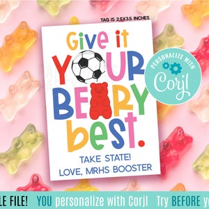 Bearbeitbarer Fußball Geben Sie es Ihrem Beary Bestes Glück druckbare Geschenkanhänger Gummibärchen Spiel Playoffs Regionals Spieltag Team Zustandsmeisterschaft