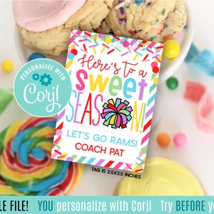 Alegría editable Por una temporada dulce Etiquetas de regalo imprimibles Buena suerte Día del gran juego Conoce al Jamboree Cheer Camp Squad Candy Teammate Team Treats