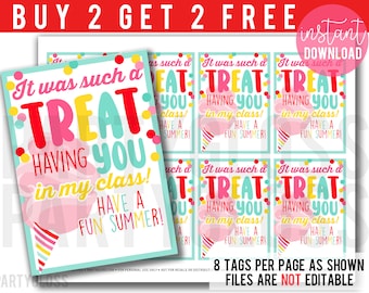 Puede incluir: Ocho etiquetas de regalo imprimibles con un gráfico de algodón de azúcar rosa y el texto "It was such a treat having you in my class! Have a fun summer!" en letras de colores. Las etiquetas están diseñadas para que los maestros las den a los estudiantes al final del año escolar.