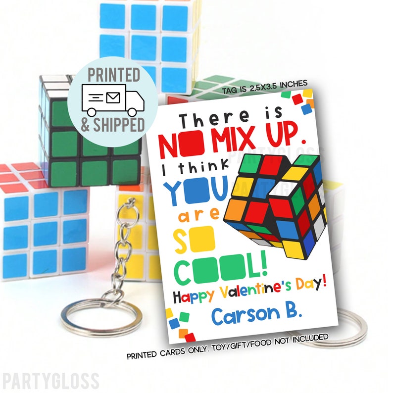 May include: A Valentine's Day card with a colorful Rubik's Cube design. The card says "There is NO MIX UP. I think YOU are SO COOL! Happy Valentine's Day! Carson B."