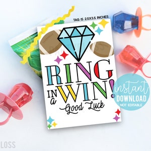 Football Ring In A Win Printable Gift Tags Good Luck Team Practice Conditioning Playoffs Big Game Treats Pop Gem Ring Candy Tag Homecoming