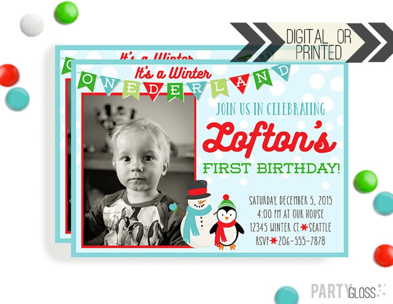 Boy Onederland Invitation Digital or Printed Penguin Invitation Snowman Invitation Red Aqua Green Birthday Invitation Boy Penguin image 1