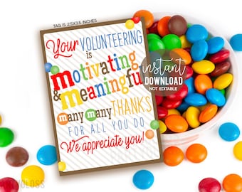 Volunteer Appreciation Printable Gift Tags, Parent Volunteers Team Field Trip Thank You MM Candy Treat Tag Chaperones Staff PTA PTO Members