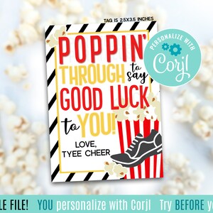Etichette regalo stampabili per popcorn di fondo modificabili, buona fortuna, borsa per poppin, snack regionali, X Country, incontro, partita, torneo di stato, gara