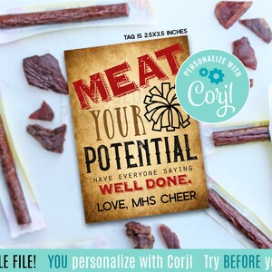 Editable Cheer Meat Your Potential Printable Gift Tags, Good Luck Big Game Day Meet Jamboree Squad Teammate Team Snacks Jim Beef Jerky Slim