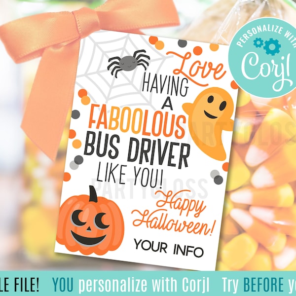 Editable Halloween Bus Driver Appreciation Printable Gift Tags, Bus Driver Treat Tag Carpool School Support Staff District Faculty PTA PTO