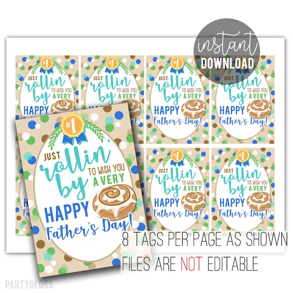 Father's Day Cinnamon Roll Printable Tags Rollin' By Baked Goods Gift Tag Grandpa Papa Uncle Son Office Coworker Friends Treats for Dads