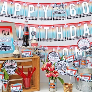 クラシックカー ホットロッド ダイナー インスタントダウンロード 誕生日パーティー パッケージ、お父さん、おじいちゃん、お母さん、おばあちゃん 50 代の印刷物 大人 60 歳 66 歳 ルート 66 70 歳