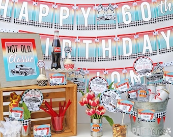 Classic Car Hot Rod Diner Instant Download Birthday Party Package, Dad Grandpa Mom Grandma 50's Printables Adult 60th 66th Route 66 70th
