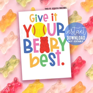Softbal Geef het je Beary Beste geluk Afdrukbare cadeaukaartjes, Gummy Bears Candy Tag Team Game Day Tournament Rec League State Championship