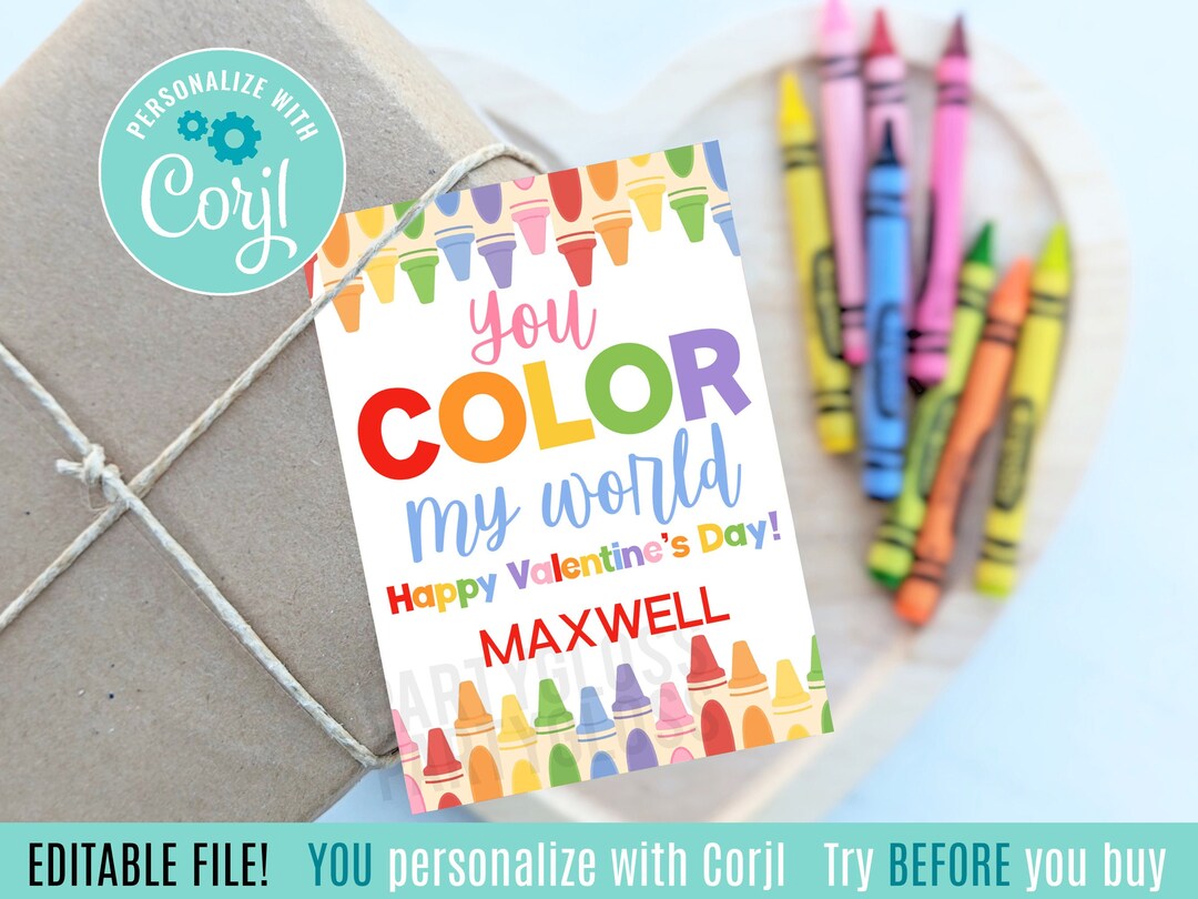 Editable Crayon Valentine's Day Printable Tags, You Color My World ...