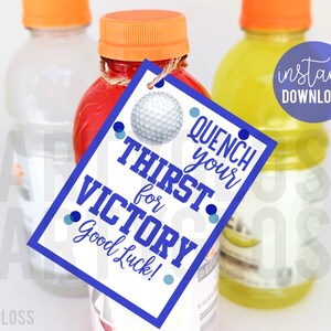 Etichette stampabili buona fortuna per il golf blu, disseta la tua sete di vittoria Bevande sportive Bevande a invito per tornei di golf per la squadra di golf del campo