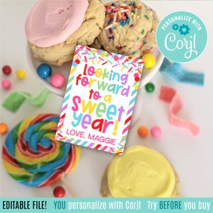 Editable Looking Forward To A Sweet Year Back To School Printable Gift Tags First Day Teacher Appreciation Treat Tag PTA PTO Rainbow