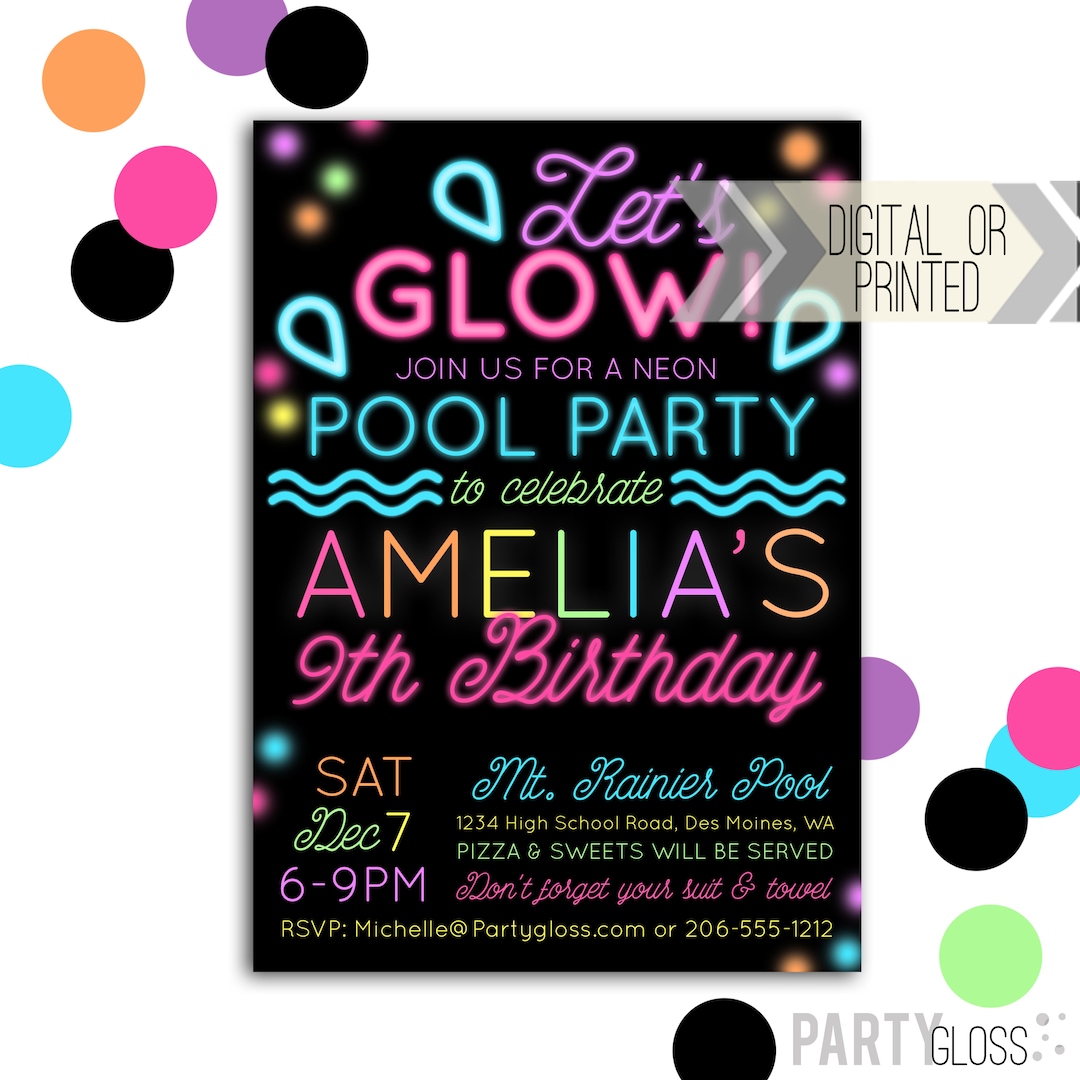 Neon Glow Pool Party Invitation Digital or Printed Pool Party Glow in
