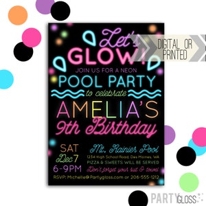 Neon Glow Pool Party Invitation - Digital or Printed | Pool Party | Glow in the Dark Pool | Neon Invite | Neon Glow Pool Invitation | Black