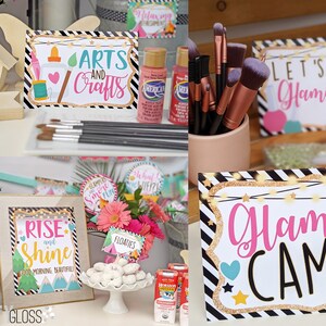 May include: A set of party decorations for a glam camping themed party. The decorations include signs that say "Glam Camp", "Rise and Shine", "Arts and Crafts", "Let's Get Glamorous", and "Floatie". There are also paint bottles, makeup brushes, and a wooden birdhouse.