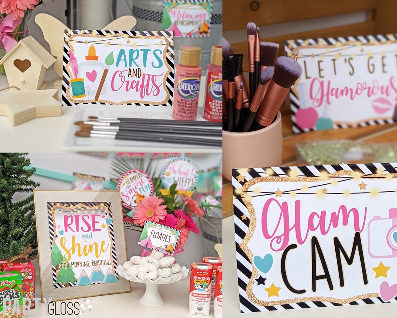 May include: A set of party decorations for a glam camping themed party. The decorations include signs that say "Glam Camp", "Rise and Shine", "Arts and Crafts", "Let's Get Glamorous", and "Floatie". There are also paint bottles, makeup brushes, and a wooden birdhouse.