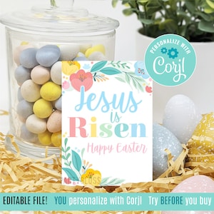 Editable Jesus is Risen Printable Easter Tags Modern Christian Church Appreciation Bible Study Youth Group Treats Sundays School Youth