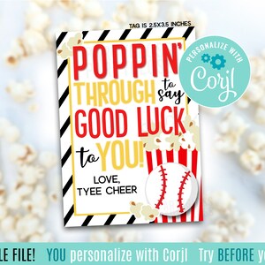Bearbeitbare Baseball Popcorn viel Glück druckbare Geschenkanhänger, knallende Poppin Tasche Snack Leckerei Tag Zustand Playoffs Spieltag Team behandelt Turnier