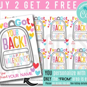 Mochila editable Etiquetas imprimibles del Día de San Valentín, No alimentarios, Tengo tu espalda Equipo de clase de amigos Corazones arcoíris Maestro Personal de la escuela PTA PTO