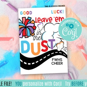 Editable Cheer Leave 'Em In The Dust Printable Gift Tags, Good Luck Big Game Meet Jamboree Cheer Camp Squad Pixie Pixy Candy Teammate Team