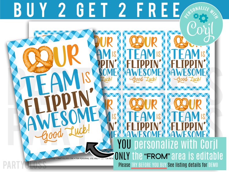 Editable Pretzel Team Appreciation Pretzels Printable Tags Team Snack Pretzels Tag Our Team Is Flippin' Awesome Good Luck Team Corjl image 2