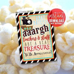 Pirate Themed Teacher Appreciation Printable Gift Tags, Booty Snack Gift Tag, Teachers and Staff Gift Tag, Pirate Printables, PTA PTO Lounge
