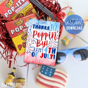 4th of Juli Thanks For Poppin By Printable Favor Tags, Pop It Tag Tag der offenen Tür Mitbringsel Geburtstag BBQ Unabhängigkeitstag Kundengeschäft