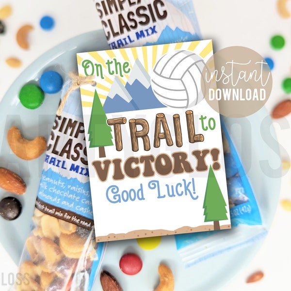 Volleyball Trail Mix Printable Gift Tags, On The Trail To Victory Good Luck Courtside Beach Volleyball Match Practice Tournament Snacks