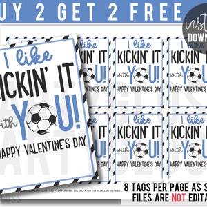 Soccer Valentine&#39;s Day Printable Tags I Like Kickin&#39; It With You Teacher Coach Friend Class Team Teammate Classmate Bus Blue Boy Soccer Ball