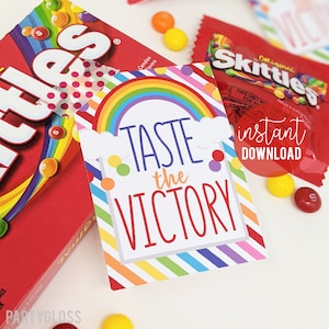 Taste The Victory Good Luck Printable Gift Tags, Conference State Title Competition Game Day Team Treats Sports Teammate Coach Rainbow Candy