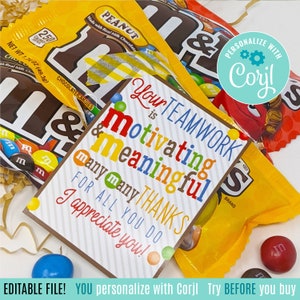 Étiquettes-cadeaux imprimables modifiables pour le travail d'équipe, remerciement de l'équipe MM Candy, bureau, personnel scolaire, administration, employés, équipage, cadeaux