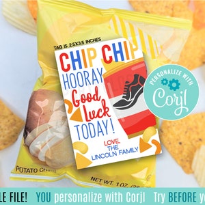 Editable Cross Country Chip Chip Hurra Buena suerte hoy Etiquetas de regalo imprimibles X Country Meet Match Bolsa de bocadillos de larga distancia Chips Tag Runners