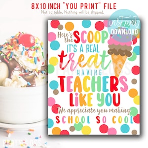 Ice Cream Sundae Teacher Appreciation 8x10 Printable Sign Teachers Lunch Staff Appreciation PTO PTA Themes Sundae Bar Faculty Treats
